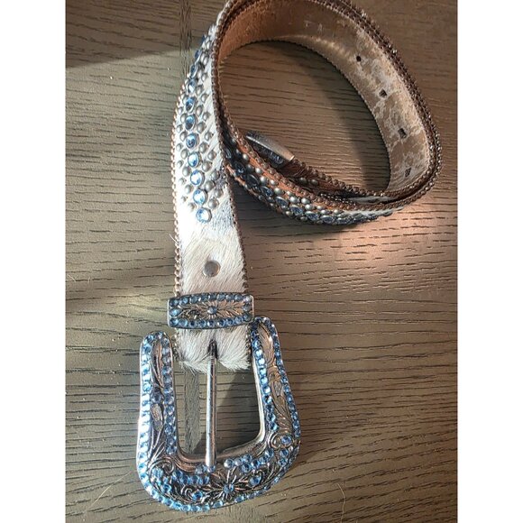 Vtg BB Simon Leather Calf Hair Western Rhinestone Buckle Belt - Very Heavy - main image 9